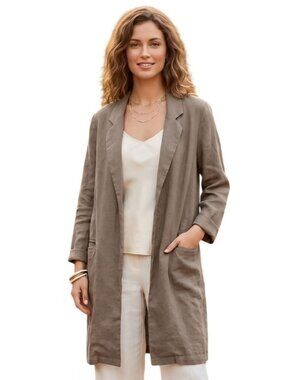 Sigrid Olsen 100% Linen Neutral Beige Lagonlook Open Front Blazer Jacket Size M